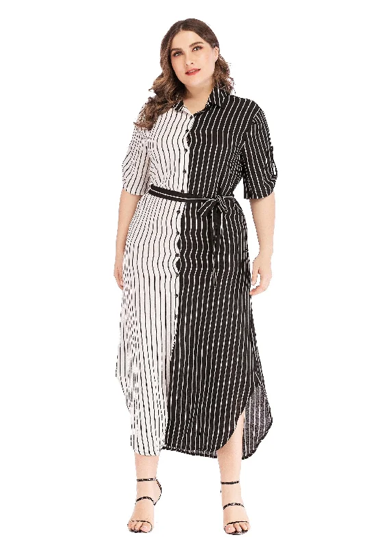 5085#Muslim Striped Summer Large Size Abaya Dress