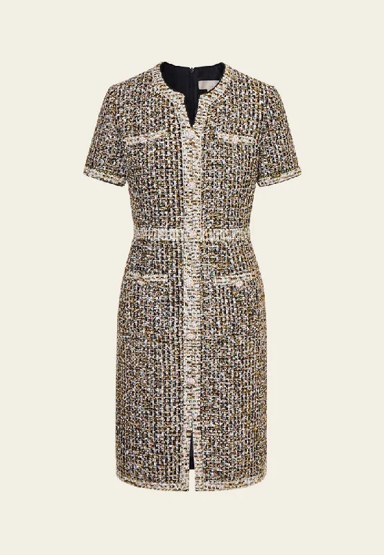 Contrasting-trim Mixed Tweed Dress
