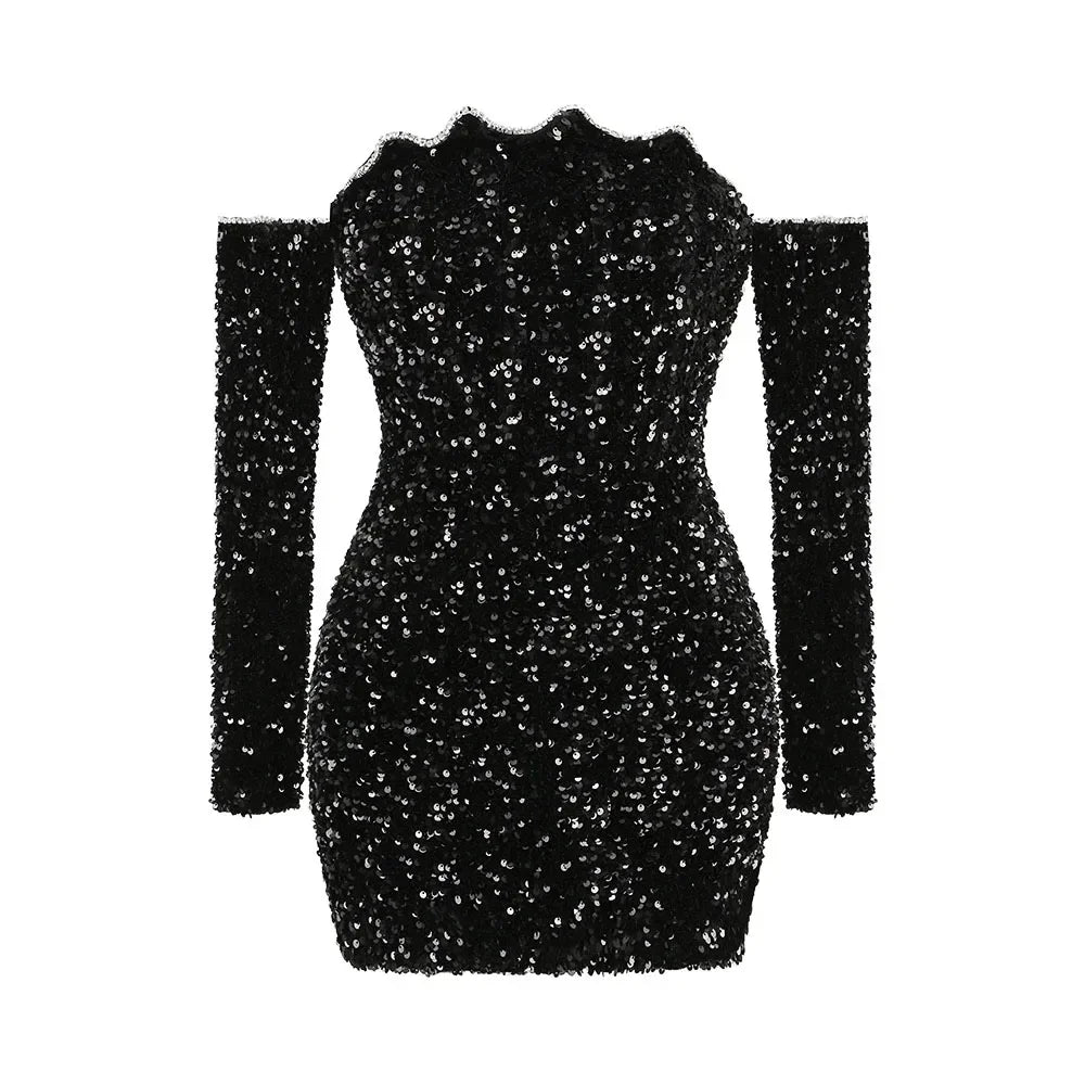 A&A Luxe Black Long Sleeve Sequin Off Shoulder Mini Dress Stylish Spaghetti Strap Mini Dress