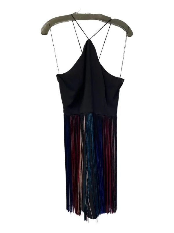 Aidan Aidan Mattox Size 8 Black & Multi Polyester Halter Fringe Skirt Mini Dress Chic Bohemian Mini Dress