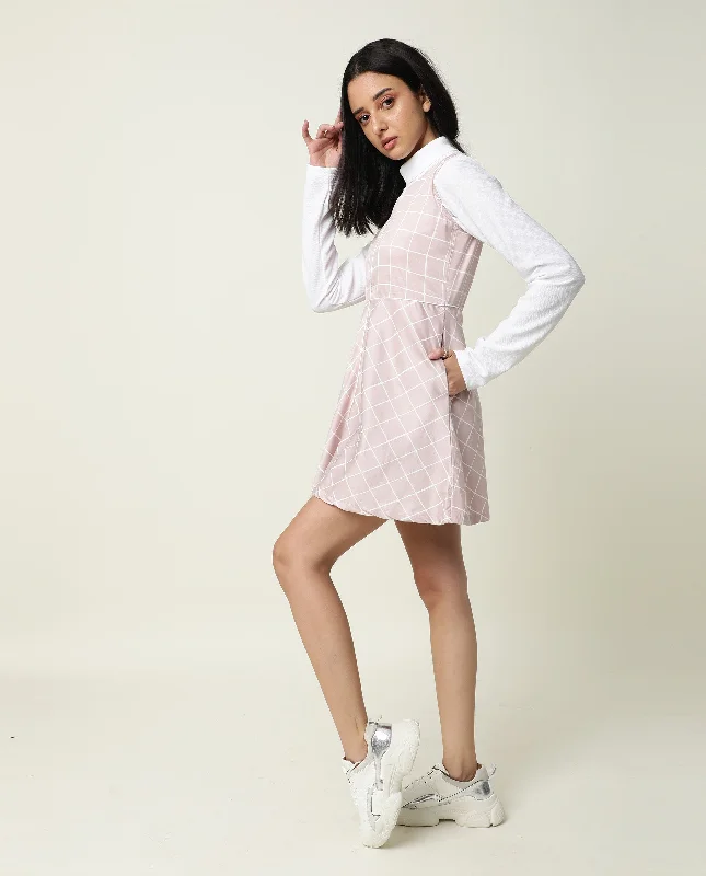 Rareism Women Akal Pink V Neck Checked Sleeveless With Pockets And Back Zip Closure Mini Dress Classic Casual Mini Dress