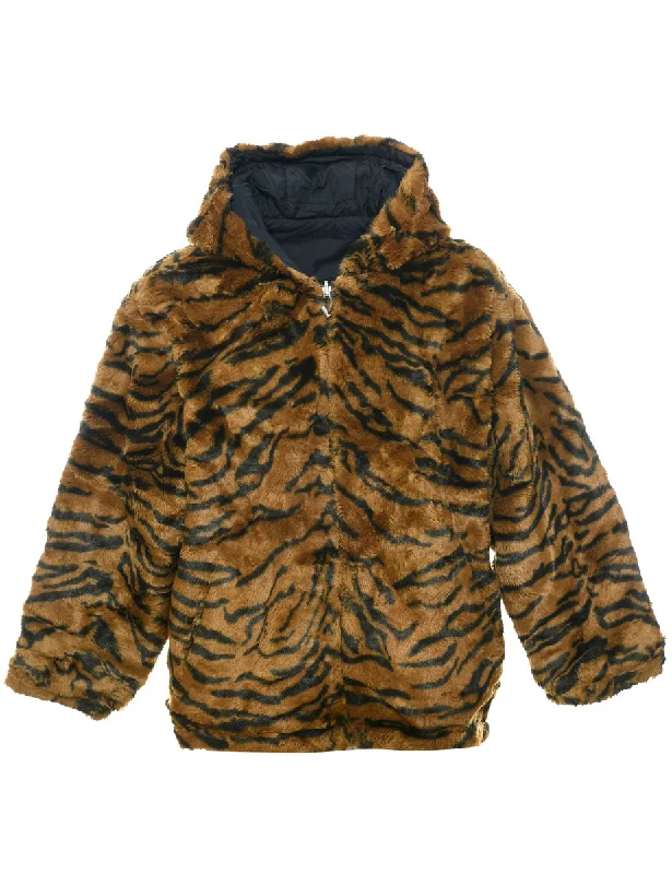 Animal Print Faux Fur Jacket - L Welt Pockets Slit Pockets Flap Pockets