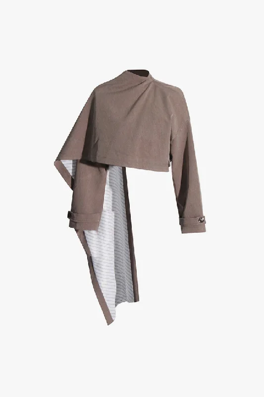 Asymmetrical Drape Scarf High Neck Long Sleeve Cropped Cape Jacket Jacket Blazer Coat