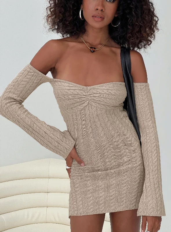 Bayard Off The Shoulder Knit Mini Dress Beige Stylish Ribbed Mini Dress