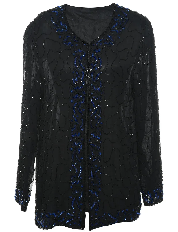 Beaded Black & Blue Evening Jacket - M Toggled Jacket Drawstring Jacket Belted Jacket Beaded Black & Blue Evening Jacket - M Toggled Jacket Drawstring Jacket Belted Jacket