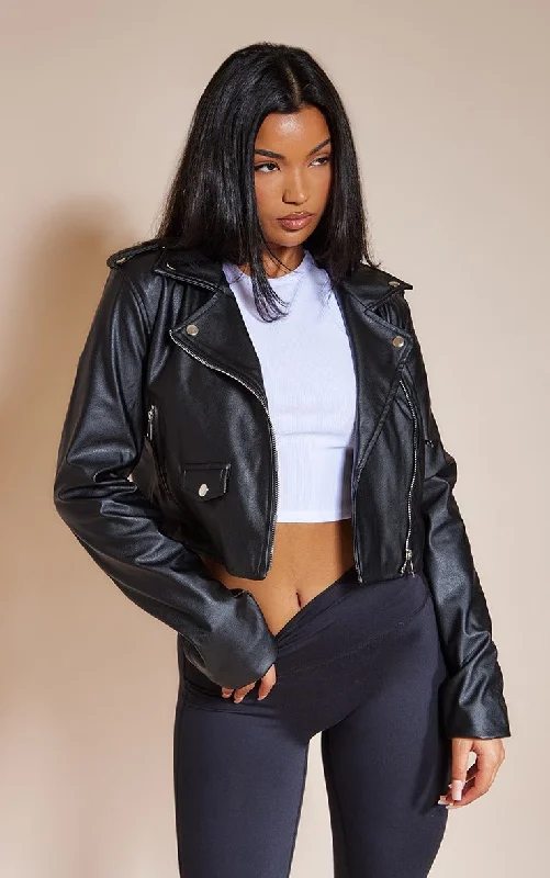 BLACK BASIC FAUX LEATHER BIKER JACKET Welt Pockets Slit Pockets Flap Pockets