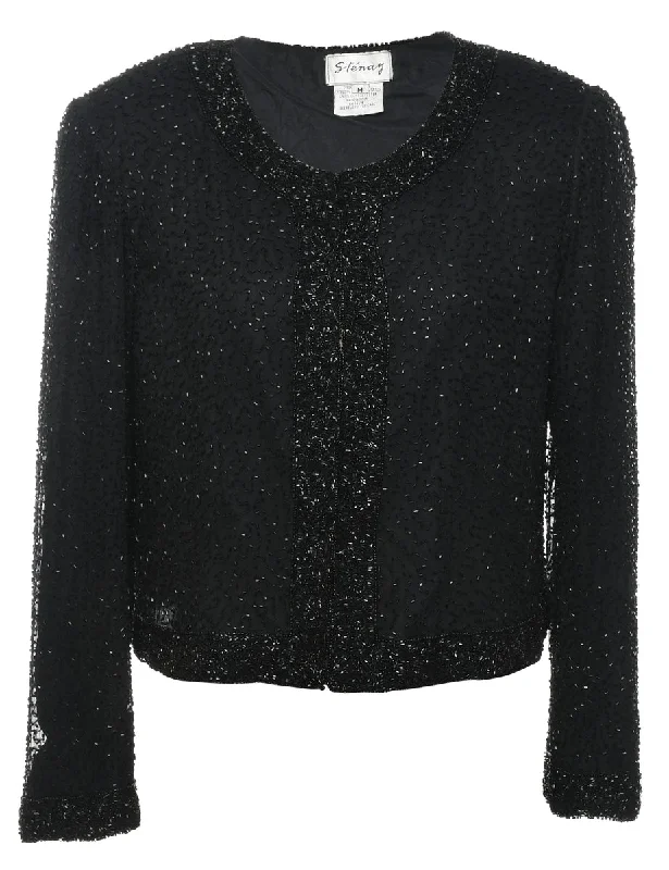 Black Beaded Silk Evening Jacket - M Faux Fur Jacket Real Fur Jacket Shearling Jacket Black Beaded Silk Evening Jacket - M Faux Fur Jacket Real Fur Jacket Shearling Jacket