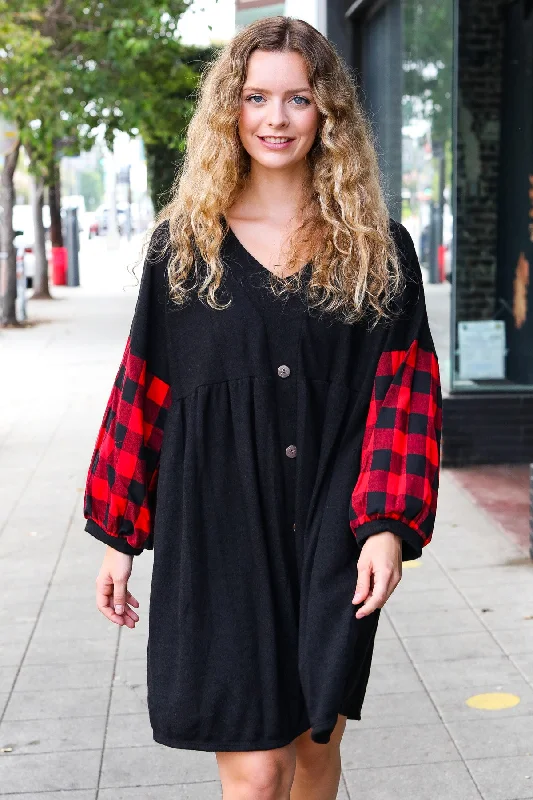 Plus Black Button Plaid Sleeve Dress