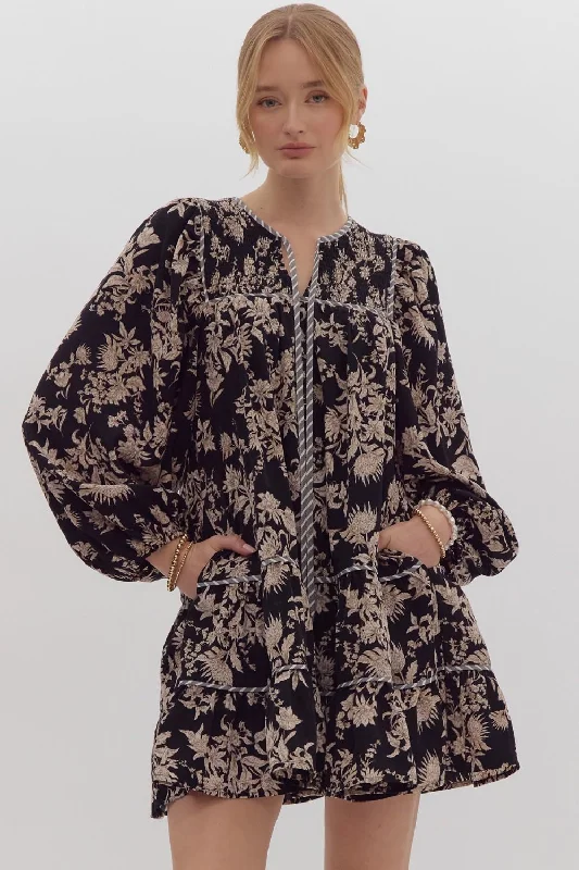 Black Floral Print Mini Dress w/ Pockets Fashionable Mini Dress with Frills