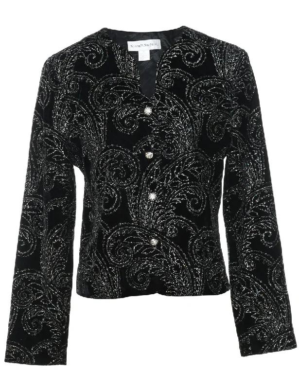 Black & Silver Velvet Sparkly Paisley Evening Jacket - M Boat Neck Shawl Collar Notched Collar Black & Silver Velvet Sparkly Paisley Evening Jacket - M Boat Neck Shawl Collar Notched Collar