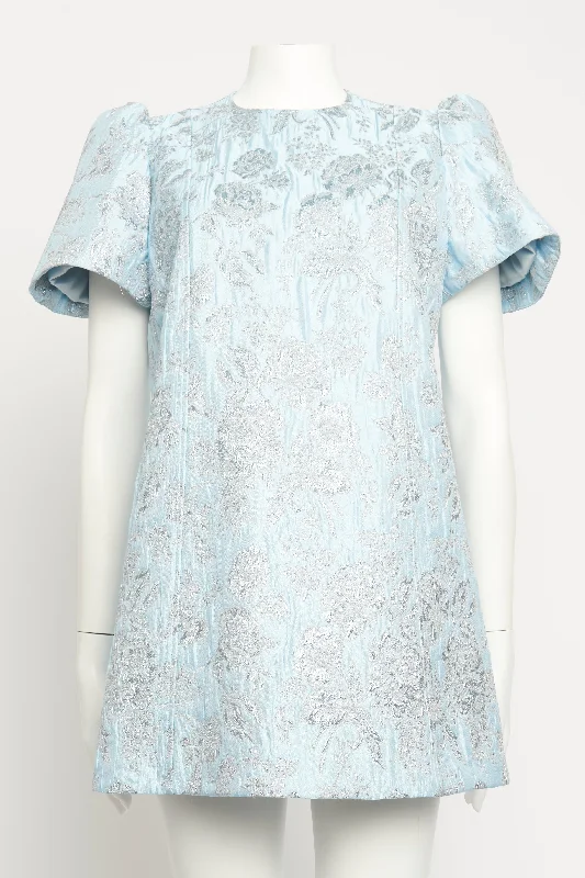 Blue 'I'll Get You, My Pretty' Metallic Floral-brocade Preowned Mini Dress Fashionable Mini Dress with Frills