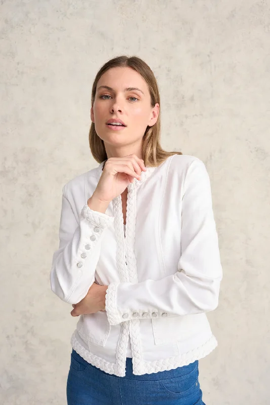 Braid Trim Denim Jacket - White Welt Pockets Slit Pockets Flap Pockets