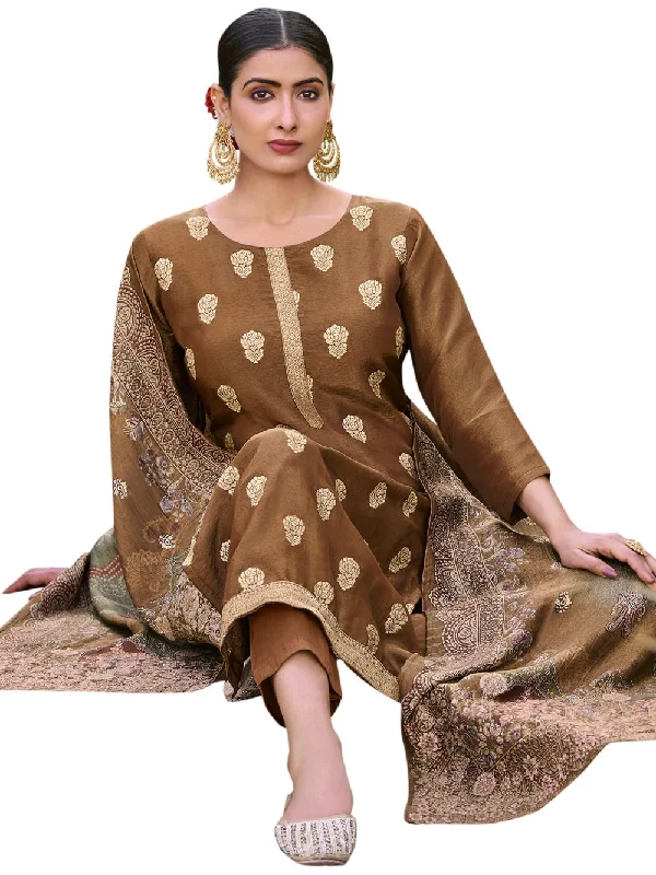 Brown Pure Silk Jacquard Dress Material