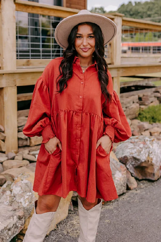 Cafe Patio Button Down Mini Dress in Dark Rust Trendy Tulle Mini Dress