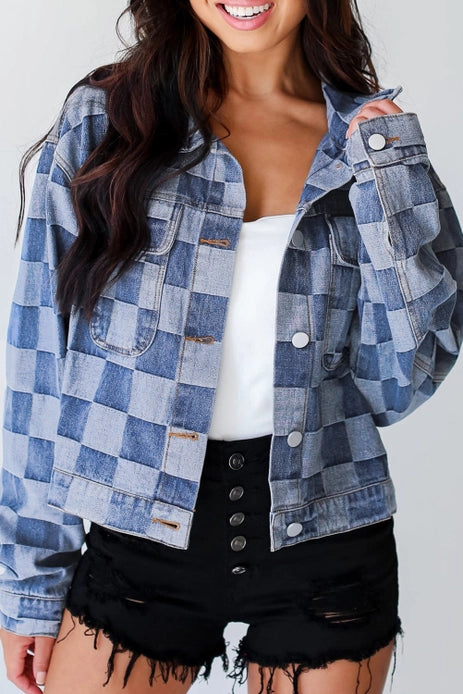 CHECKER DENIM POCKETED JACKET Toggled Jacket Drawstring Jacket Belted Jacket