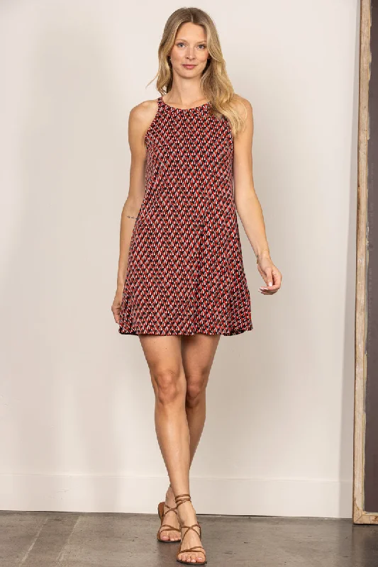 CHEVRON RED HALTER FLORAL PRINT SLEEVELESS A-LINE MINI DRESS D5107 Classic Solid Mini Dress CHEVRON RED HALTER FLORAL PRINT SLEEVELESS A-LINE MINI DRESS D5107 Classic Solid Mini Dress