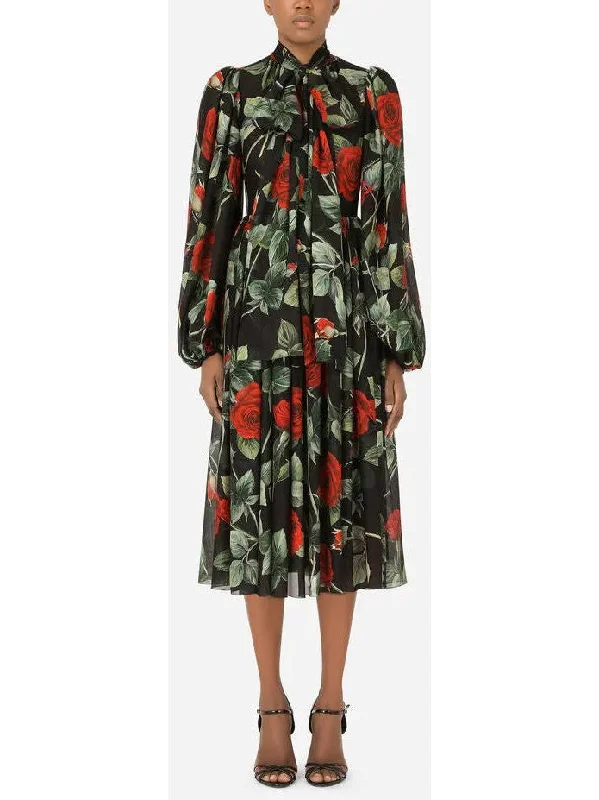 Chiffon Calf-Length Dress with Rose Print