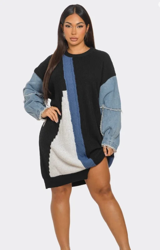 Color Block Denim Sleeve Dress