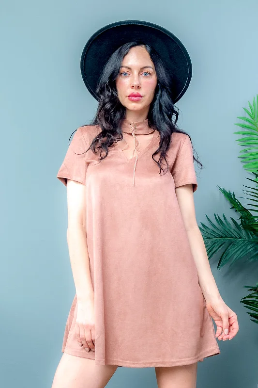 Faux Suede Short Sleeve V Neck Keyhole Mini Dress with Ribbon Tied Choker and Side Pockets (LD41885) Stylish Short-Sleeve Mini Dress