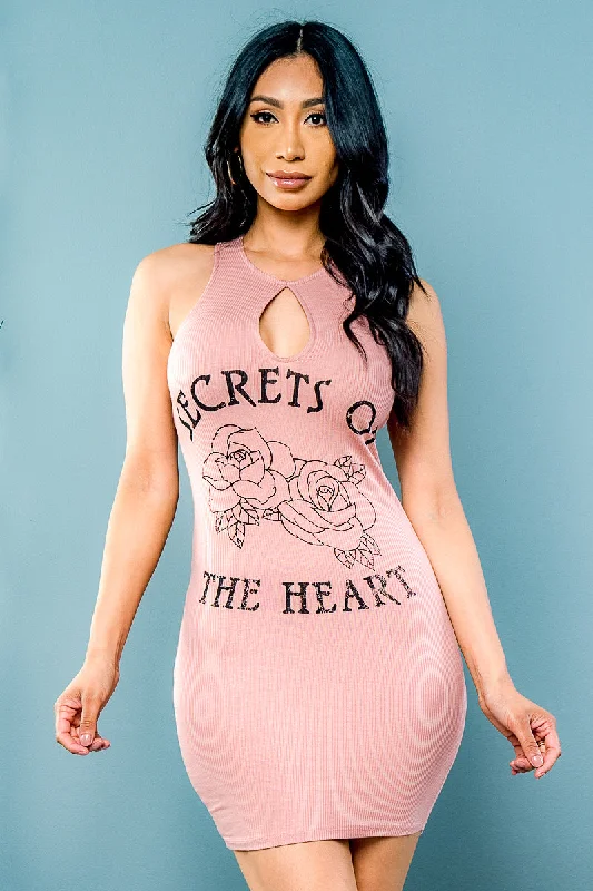 'Secrets of The Heart' Halter Strappy Racer Back Graphic Tee Mini Dress with Keyhole Front (MD-130) Cozy Cowl Neck Mini Dress 'Secrets of The Heart' Halter Strappy Racer Back Graphic Tee Mini Dress with Keyhole Front (MD-130) Cozy Cowl Neck Mini Dress