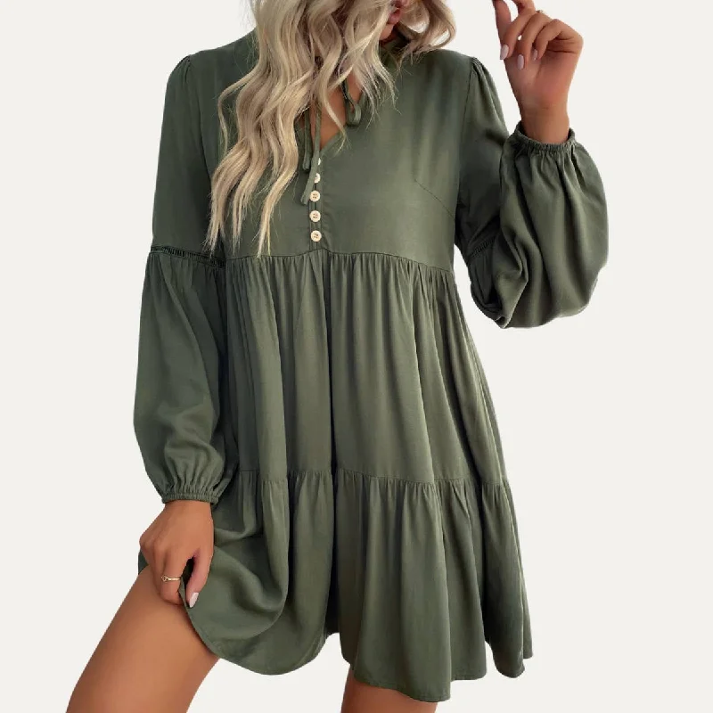 Cutest V-Neck Long Sleeve Babydoll Tiered Mini Dress Fashionable Summer Mini Dress