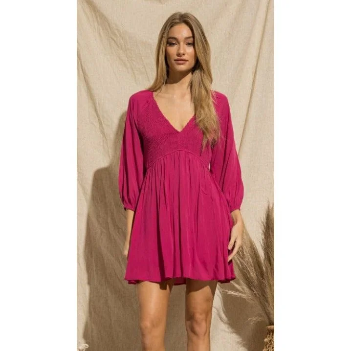 Deep V-Neck Mini Dress With Smocking Detail Cozy T-Shirt Mini Dress