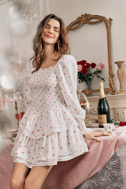 Dora Valentine Puff Sleeve Mini Dress in White Stylish Short Sleeve Mini Dress