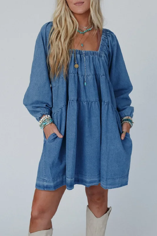 Dusk Blue Square Neck Side Pockets Loose Fit Denim Mini Dress Fashionable Summer Mini Dress