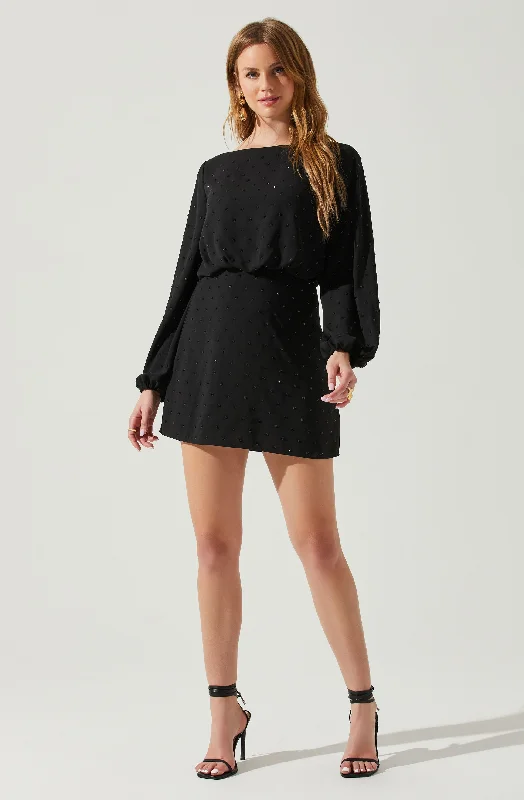 Edita Rhinestone Embellished Long Sleeve Mini Dress Comfortable Zip-Up Mini Dress
