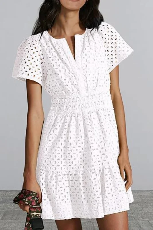 Eyelet Notched Short Sleeve Mini Dress Cozy Long Sleeve Mini Dress
