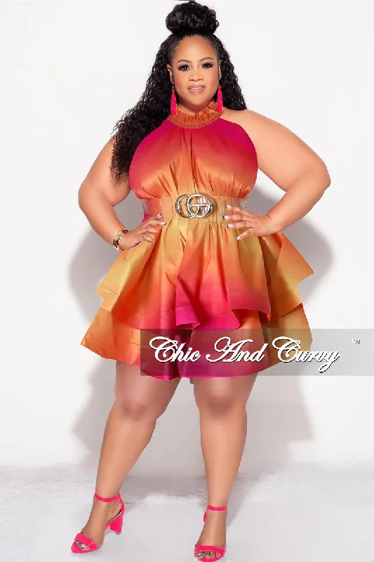 Final Sale Plus Size Halter Tiered Ruffle Mini Dress in Fuchsia Ombre Color Print Fashionable Off-Shoulder Mini Dress Final Sale Plus Size Halter Tiered Ruffle Mini Dress in Fuchsia Ombre Color Print Fashionable Off-Shoulder Mini Dress