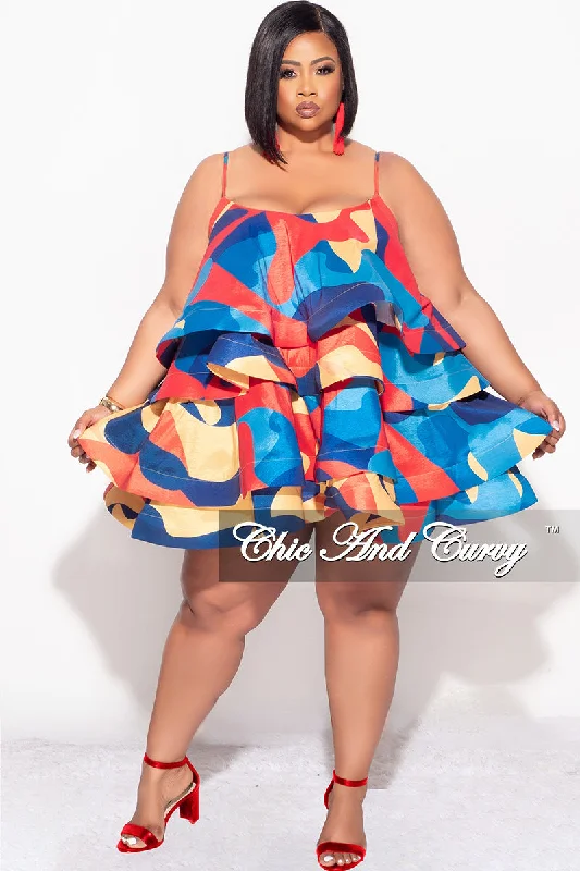 Final Sale Plus Size Spaghetti Strap Tiered Ruffle Mini Dress in Red Yellow and Turquoise Multi Color Cozy Satin Mini Dress