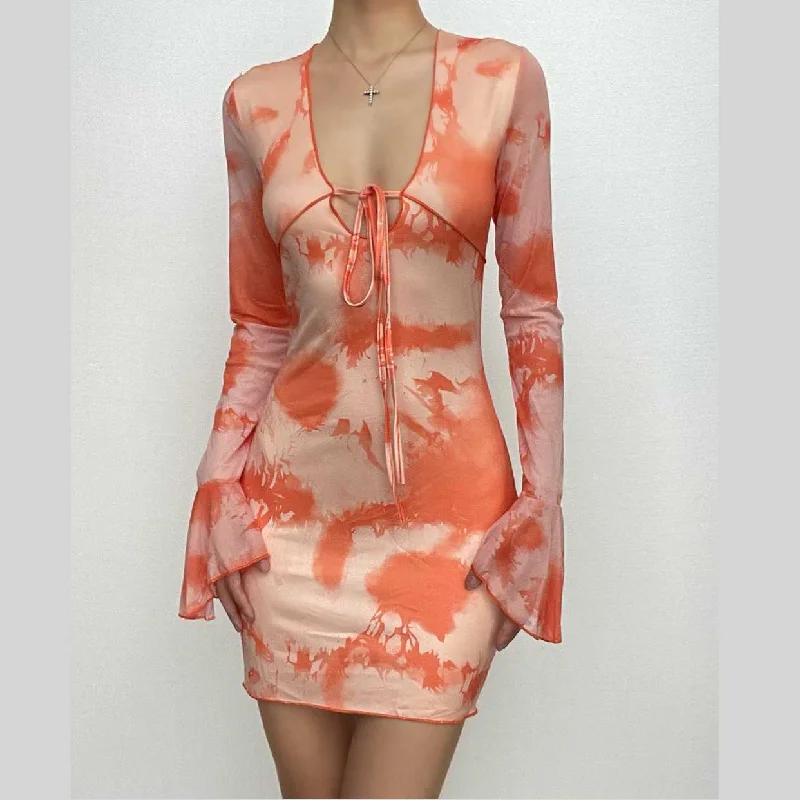 Flared sleeve tie dye self tie contrast v neck mini dress Trendy Floral Mini Dress