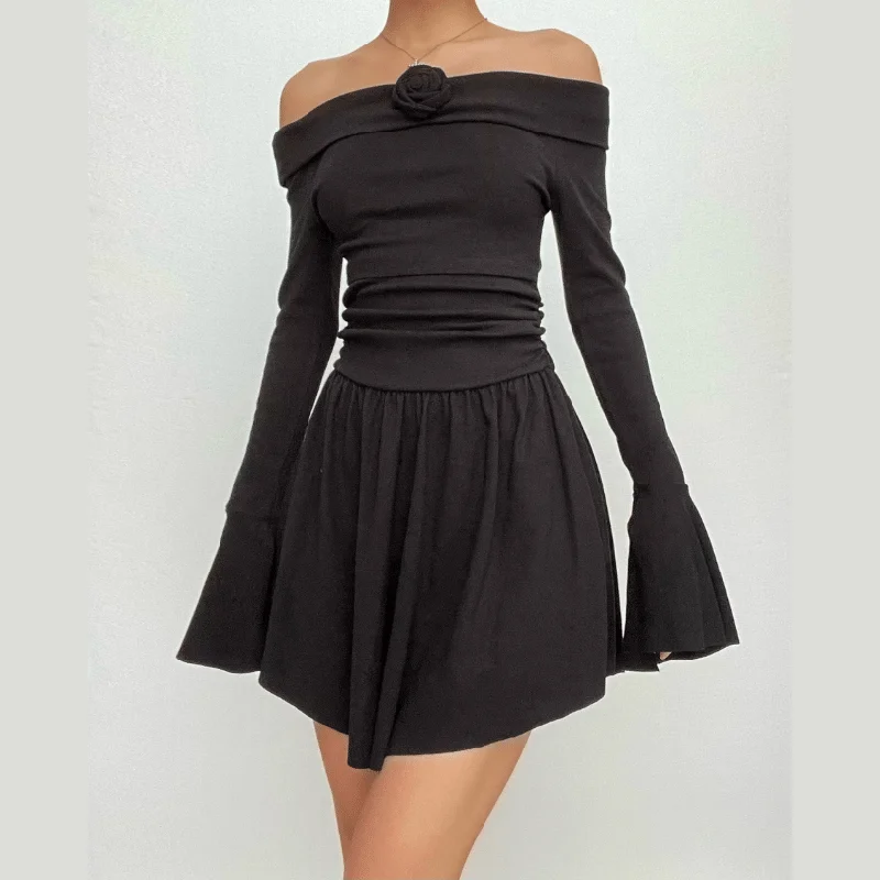 Flower applique off shoulder long flared sleeve slit mini dress Elegant Lace Mini Dress