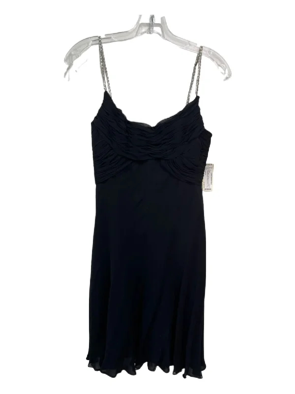 Genny Oro Size 8 Black Silk Blend Spaghetti Strap Rhinestone Strap Dress