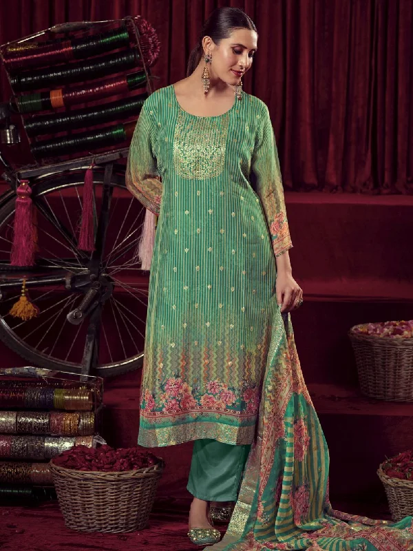 Green Organza Jacquard Dress Material