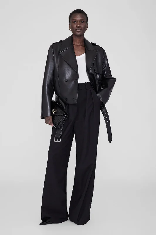Greer Jacket - Black Recycled Leather Boat Neck Shawl Collar Notched Collar