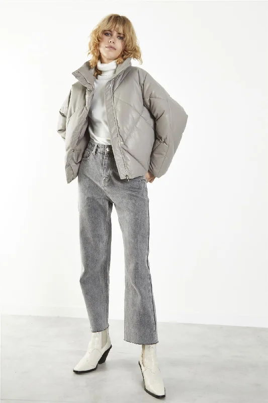 Grey Collared Long-Sleeve Puffer-Jacket Fleece Jacket Down Jacket Feather Jacket