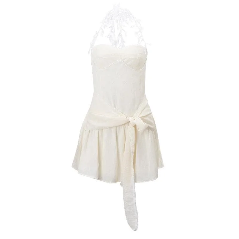 Halter sweetheart neck chiffon ruched bowknot zip-up mini dress Trendy Button-Detail Mini Dress
