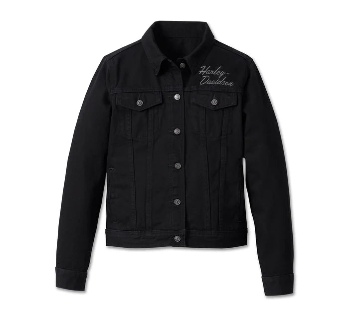 Harley-Davidson® Women's Essential Bar & Shield Denim Jacket - Black Denim Knit Fabric Woven Fabric Fleece Fabric