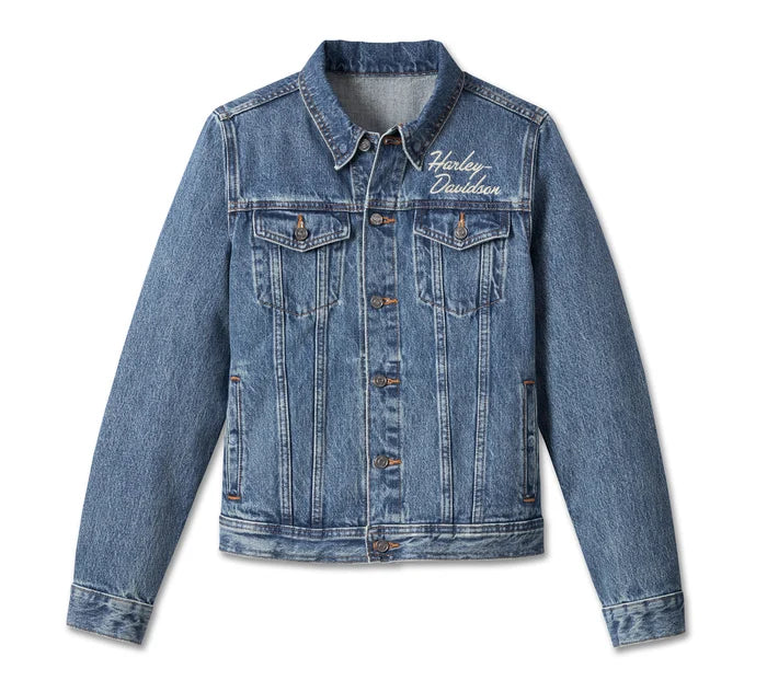 Harley-Davidson® Women's Essential Bar & Shield Denim Jacket - Medium Indigo Notch Collar Jacket Peter Pan Collar Jacket Cowl Neck Jacket