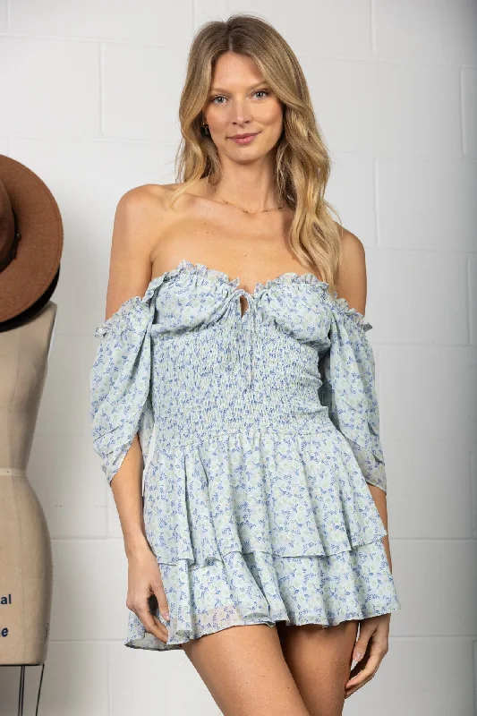 BLUE TIERED OFF SHOULDER LAYERED MINI DRESS-HD0034 Fashionable Boho-Chic Mini Dress
