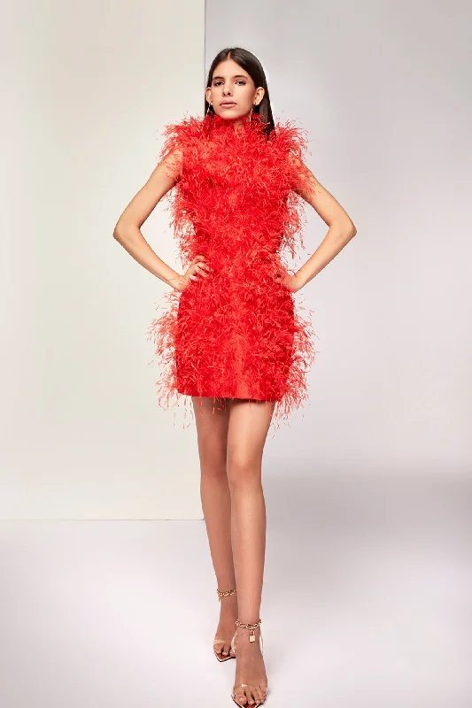 High neckline all over feathered mini dress Chic Tropical Mini Dress
