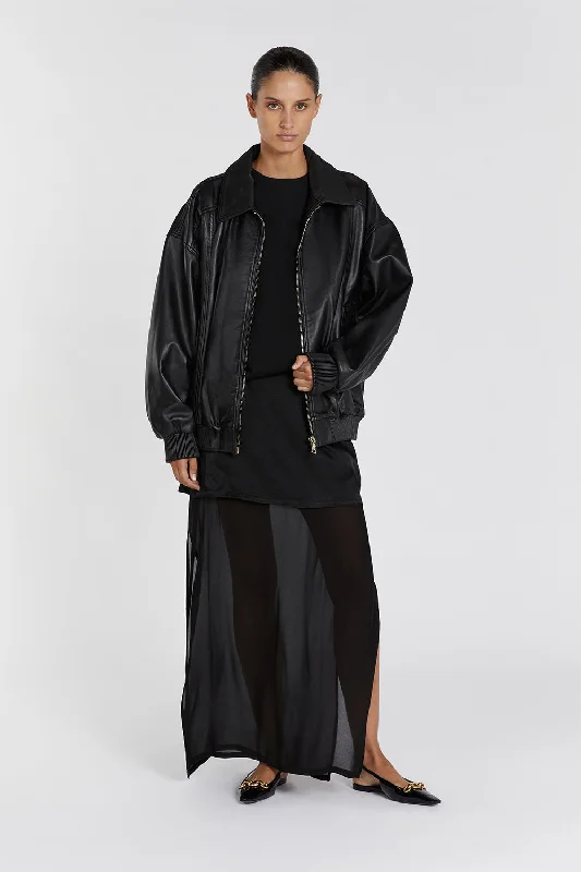 HUTTON BLACK LEATHER BOMBER JACKET Rayon Fabric Velvet Fabric Corduroy Fabric