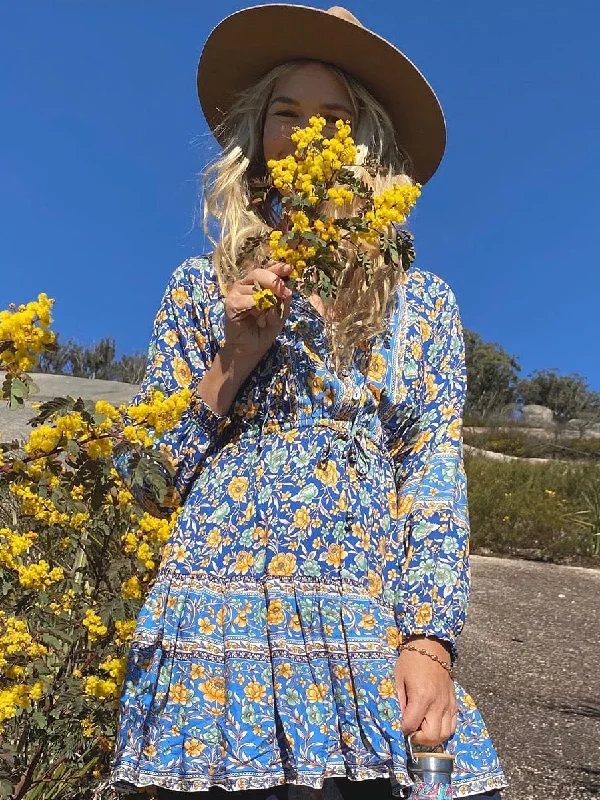 Boho Vintage Floral Printed Dress 2022 Spring Autumn Women Mini Dresses Comfortable Ruffle Mini Dress