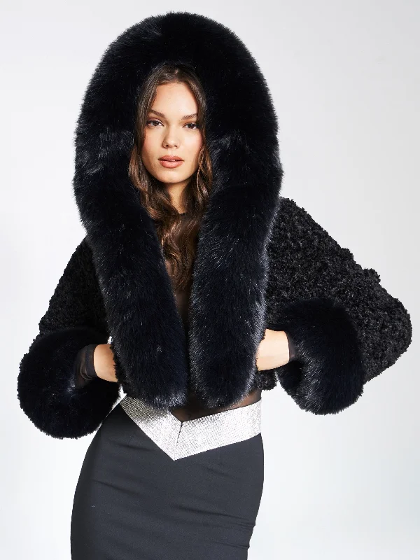 Kali Black Cropped Vegan Fur Jacket With Hood Denim Jacket Leather Jacket Suede Jacket