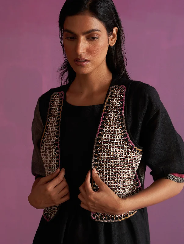 Kasa Hand-Embroidered Jacket - Black Striped Jacket Polka Dot Jacket Floral Jacket