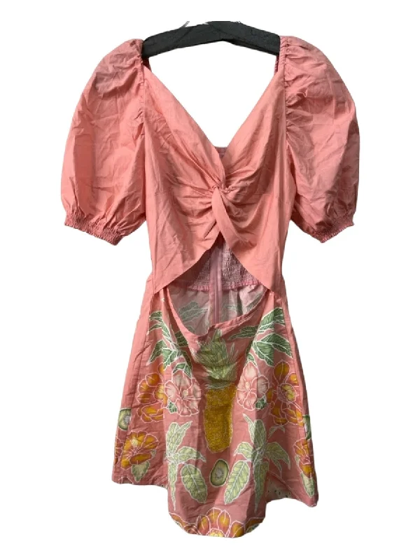 Kenny Flowers Size Medium Pink & Green Cotton Short Puff Sleeve Cut Out Dress