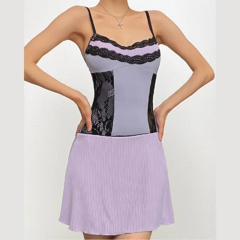 Lace ruffle patchwork ribbedribbed cami mini dress Chic Sleeveless Mini Dress