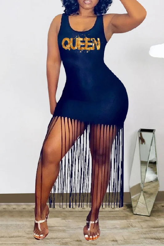storexq Letter Print Feminine Tassel Mini Dress Elegant Lace Mini Dress